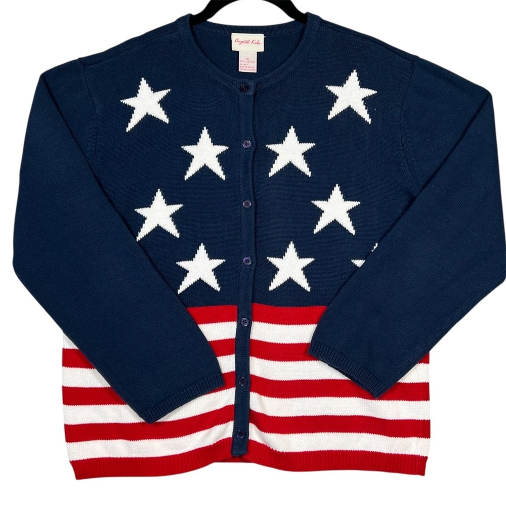Crystal Kobe Cardigan Women's XL Blue Stars & Stripes Flag 4th‎ of July Teacher